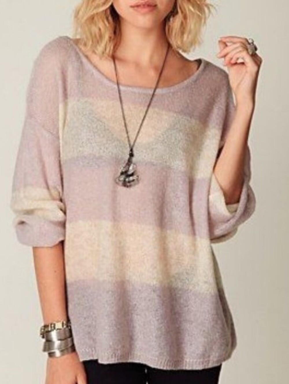 Free People Mohair Blend Striped Slouchy Knit Sweater Pink Cream XS